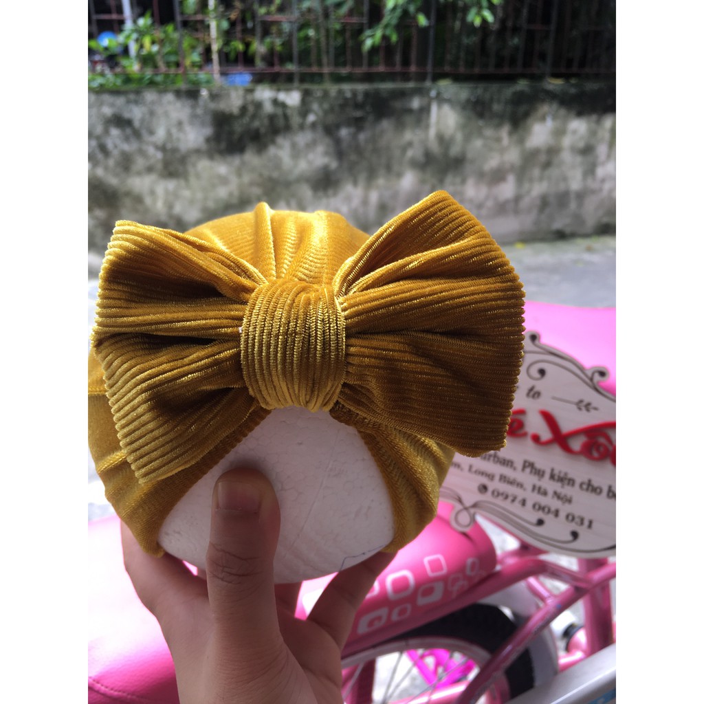 [HÌNH THẬT] Mũ Nón turban cho bé gái 0 - 12 tháng vải nhung vàng - 4 kiểu