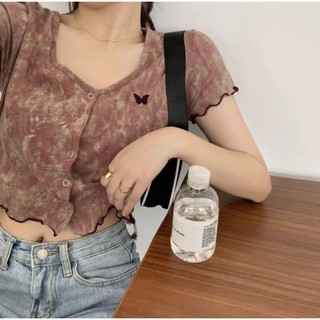 ÁO CROPTOP LOANG THÊU BƯỚM VIỀN CHỈ - ÁO LOANG CÚC CÀI BUTTERFLY PURPLE