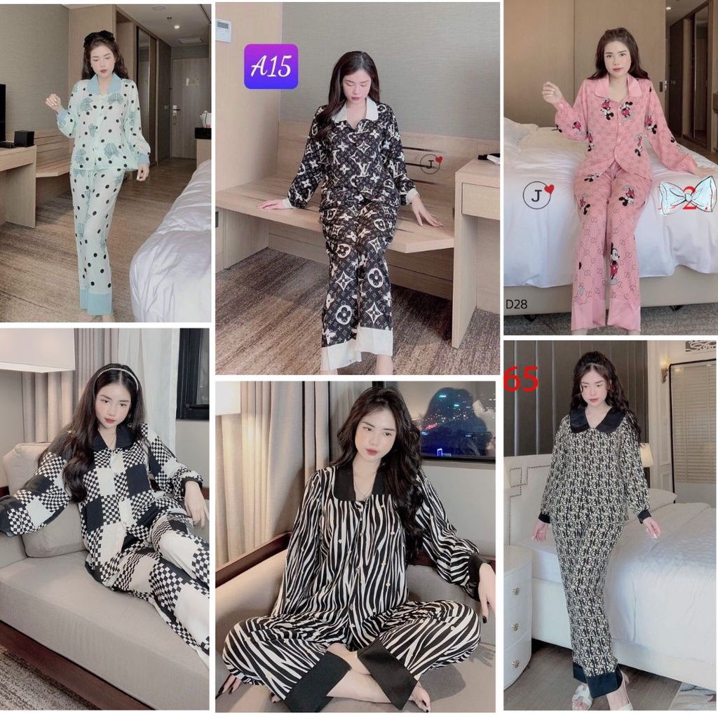 Quần áo mặc ở nhà tay dài quần dài tránh nắng pizama thiết kế cổ sen chất kate thái ơi