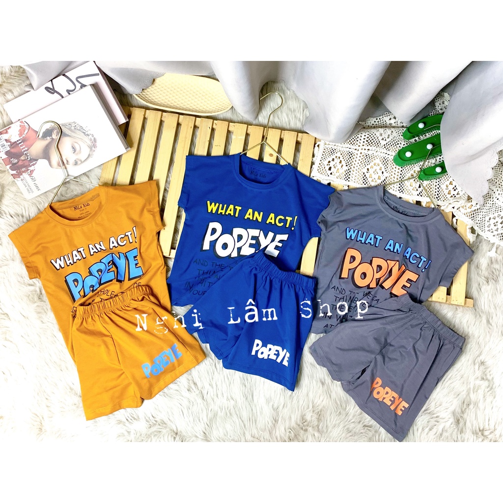Bộ quần áo bé trai chất liệu cotton 100% co giản 4 chiều in hình chữ Popeye từ 10-34kg