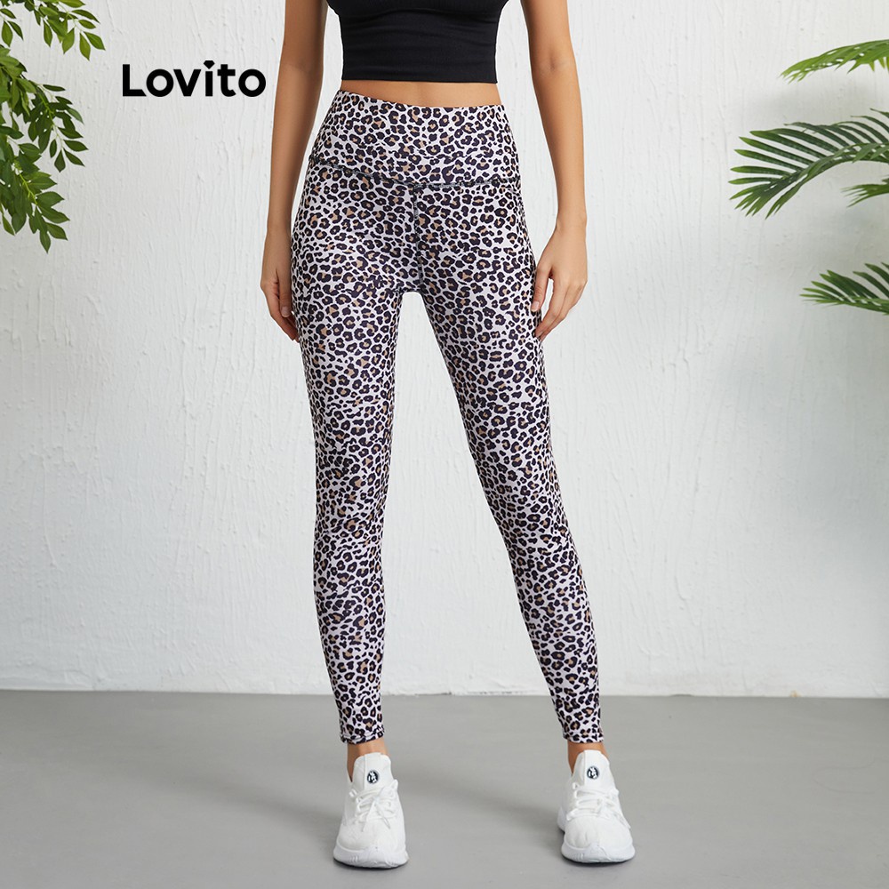 Quần legging Lovito lưng cao họa tiết da báo phong cách thể thao L09016 (màu vàng)