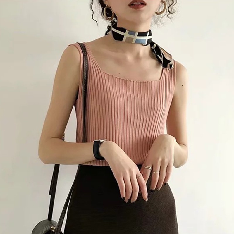 Women's Square Collar Sleeveless Knitted Crop Tank Top | BigBuy360 - bigbuy360.vn