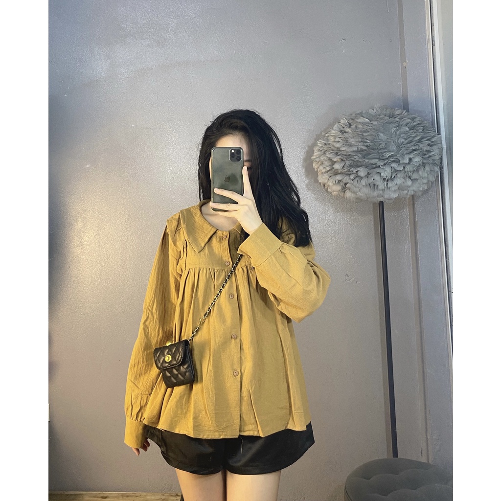 [Ảnh Thật] Áo Sơ-mi Nữ Thô Đũi Mềm Viền Bèo 2 Màu Trắng/Nâu | BigBuy360 - bigbuy360.vn