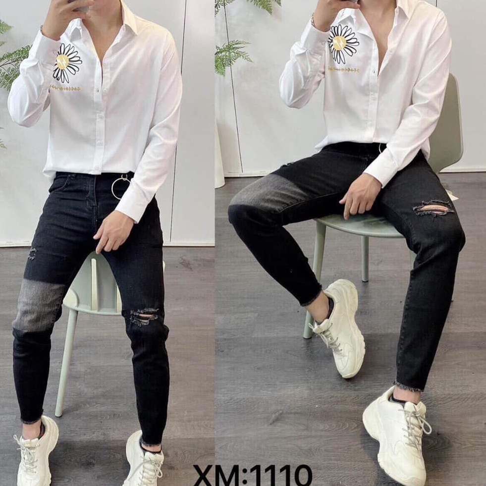 QUẦN JEAN NAM DÁNG SLIMFIT THỜI TRANG RÁCH PHỐI MẢNG NHẠT TRẺ TRUNG CHẤT JEAN COTTON CO GIẢN NHẸ