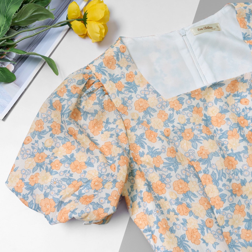 Váy xòe hoa nhí Evaclothes cổ U ngắn tay tiểu thư sang trọng chất liệu thoáng mát