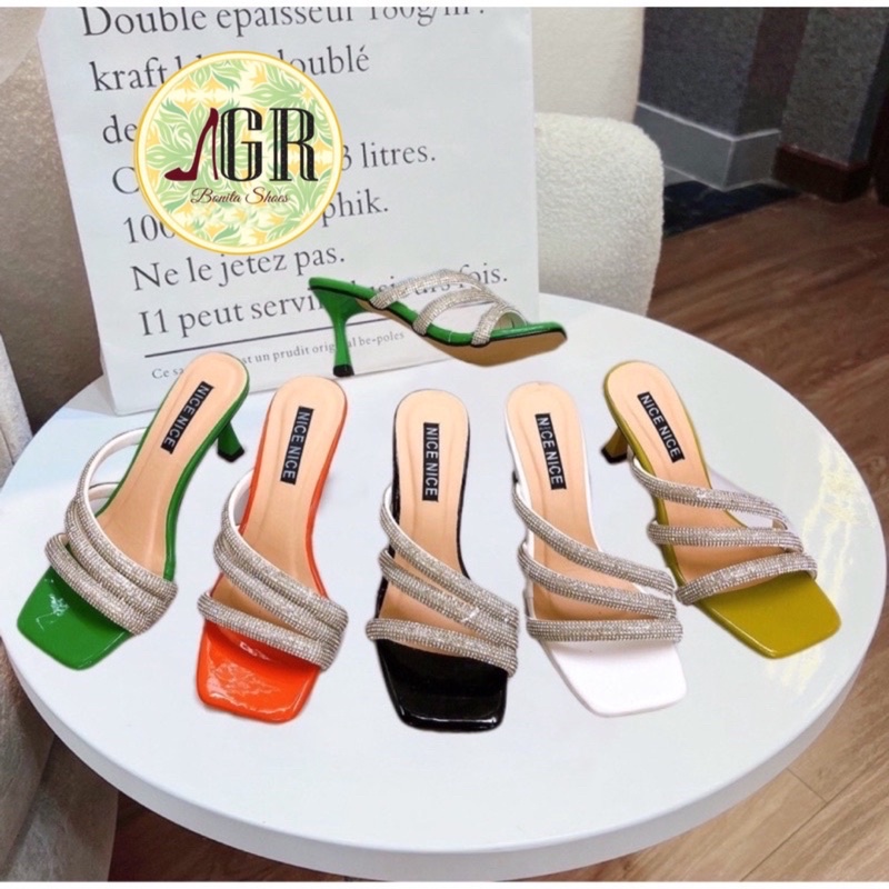 Guốc 3 quai xéo đá tròn da mềm gót nhọn 6 cm