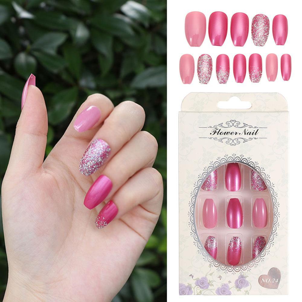 Hộp 24 Móng Tay Giả Màu Hồng Lấp Lánh Thời Trang Cho Nữ