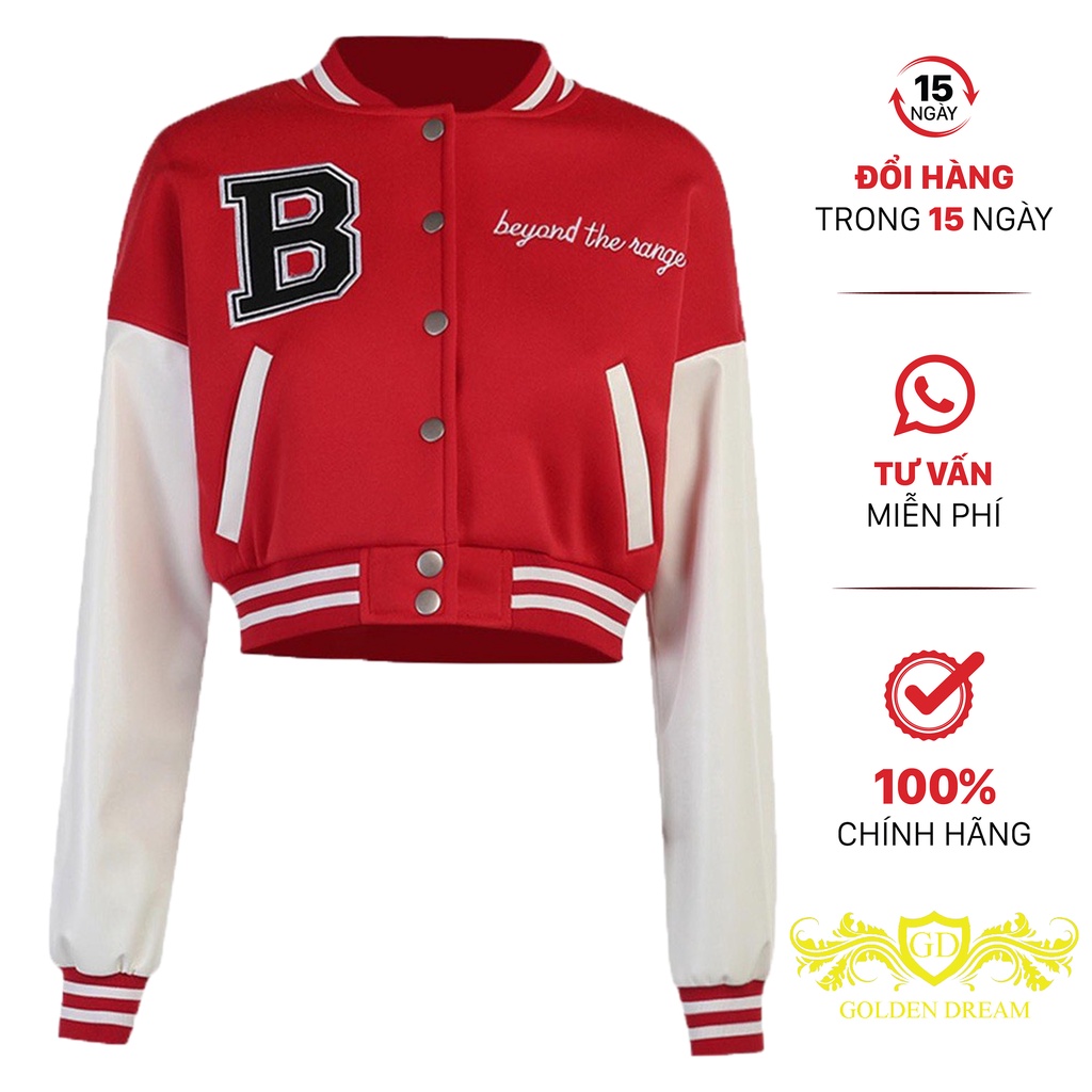 Áo khoác bomber Nữ croptop GOLDEN DREAM Thêu Chữ B Phối tay trắng GOLDEN DREAM