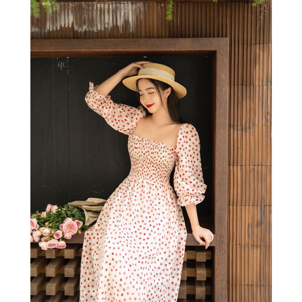 Váy hoa nữ nhún ngực tay bồng Peachy Daily- MINA DRESS chất liệu tơ ép