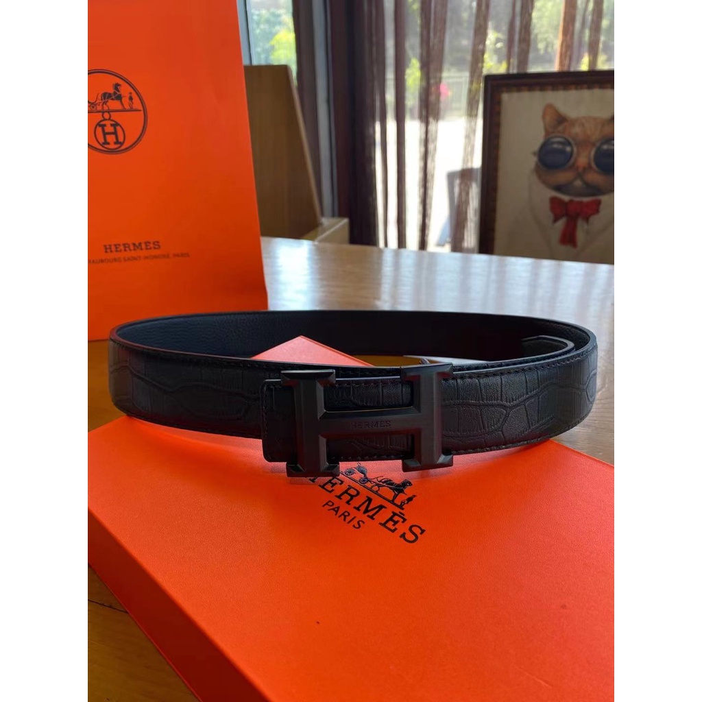 Thắt lưng nam da thật thiết kế logo kim loại độc đáo thời trang cao cấp Hermes HM
