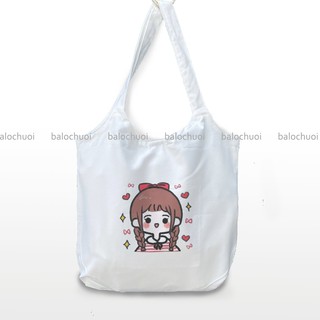Túi tote vải canvas đeo vai tiện ích đi học, đi du lịch - Túi tote hình cô gái tóc đỏ trái tim