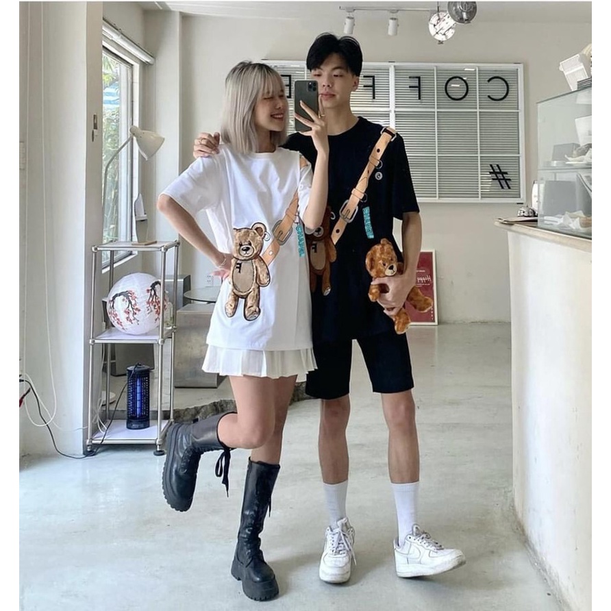 Áo thun tay lỡ túi gấu form thụng chất liệu cotton nam nữ đều mặc đẹp