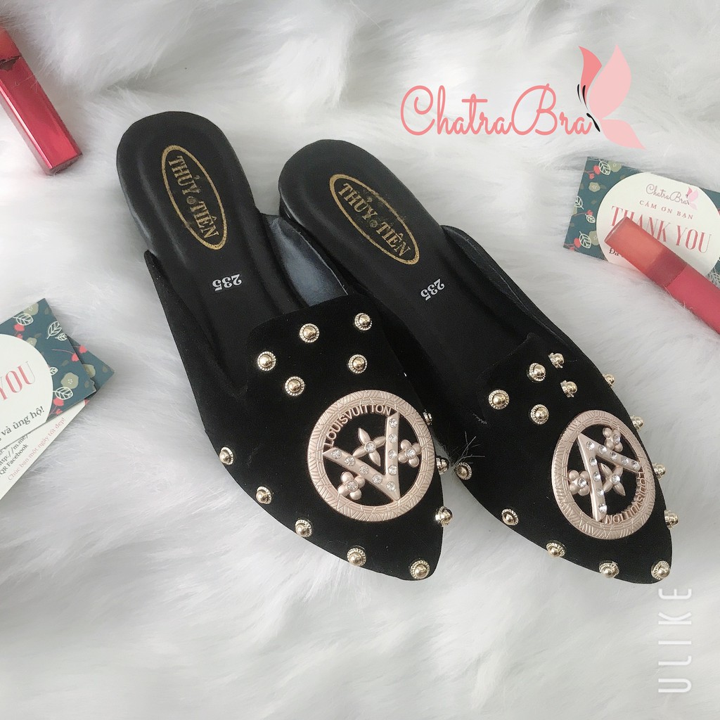 Dép sục nhung khóa tròn đính hạt sang trọng