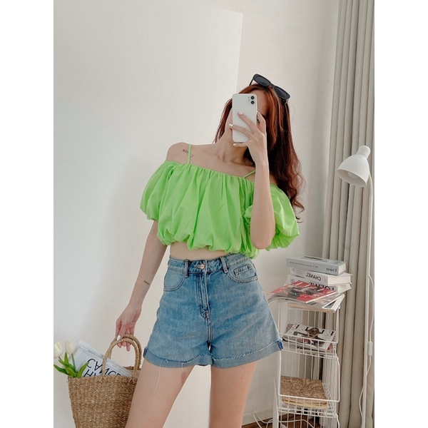 Áo croptop hai dây tay bí form ngắn chất cao cấp MIEU - JJN11