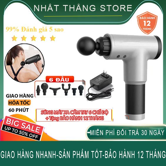 Súng massage cầm tay 4 đầu 6 chế độ, máy massage toàn thân trị liệu đau mỏi vai gáy BẢO HÀNH 24 THÁNG