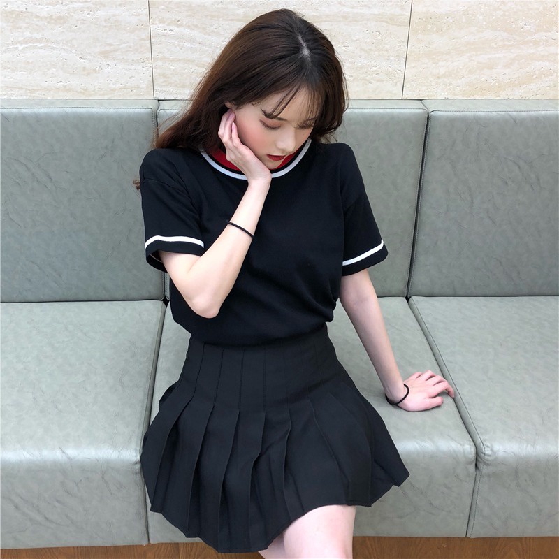 Áo thun ZHELIHANGFEI dệt kim tay ngắn màu sắc tương phản phong cách vintage sành điệu