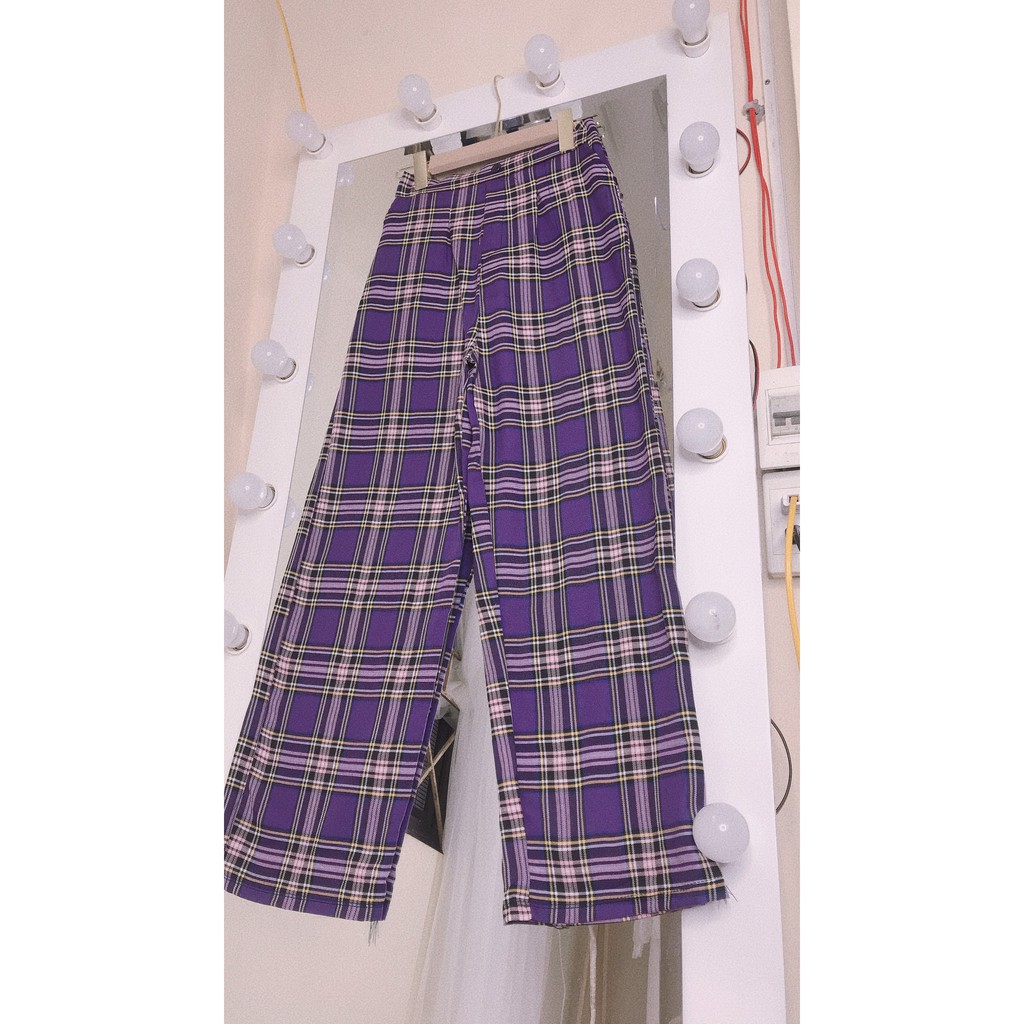 Quần caro ống rộng nữ giả cúc lưng thun co dãn unisex cá tính/ Quần dài nữ kẻ sọc kiểu baggy dáng suông_ranstore | BigBuy360 - bigbuy360.vn