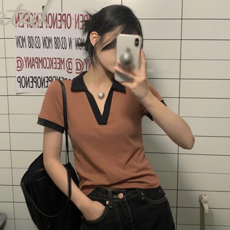 Áo Thun Polo Tay Ngắn Cổ Chữ V Màu Sắc Tương Phản Dành Cho Nữ Size S-XL