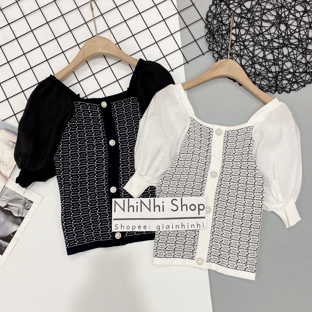 Áo len tay pha cổ vuông chất đẹp, Áo kiểu cổ vuông vai bồng AL7524 - NhiNhiShop