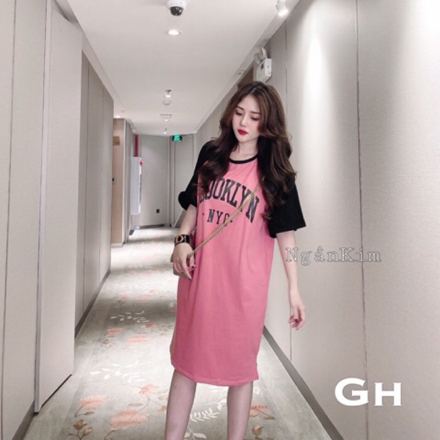 váy suông phối tay in chữ NYC 2 màu chất đep