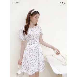Váy  hoa nhí nền trắng cổ tròn chun eo thiết kế by LYRA, đầm cao cấp vải thô mềm dáng xòe xinh xắn-LYTVD677