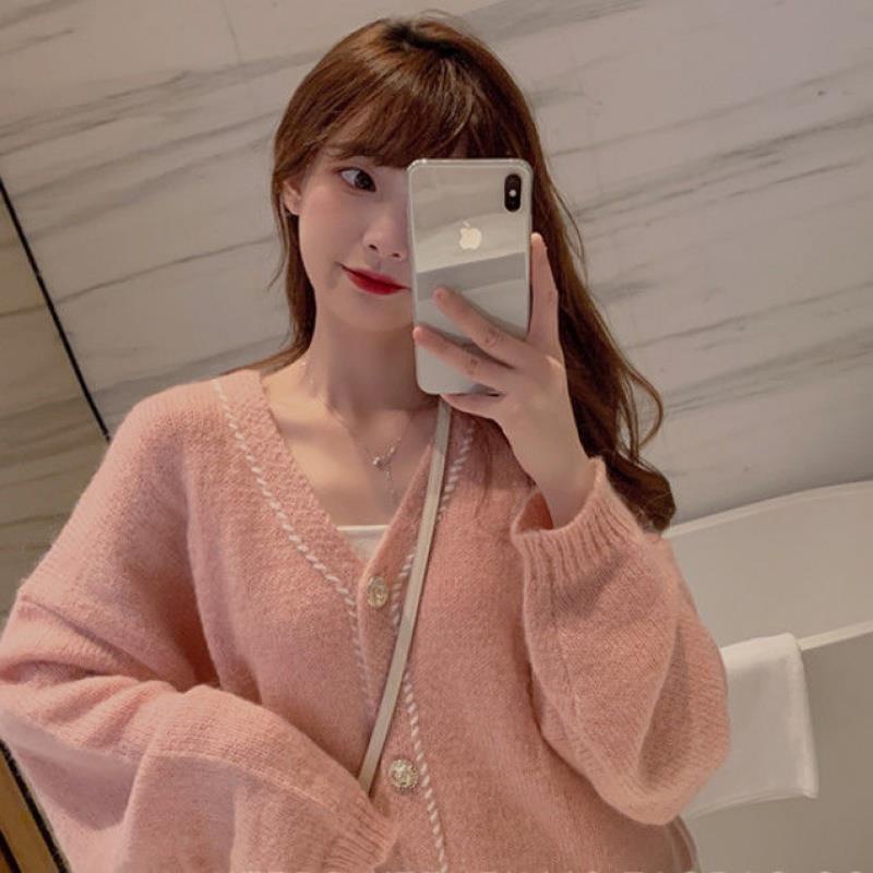 Áo Khoác Cardigan Nữ Len Dệt Kim Phối Viền Màu Hồng Xanh Dài Tay Phong Cách Hàn Quốc Loại 1 Chất len thỏ