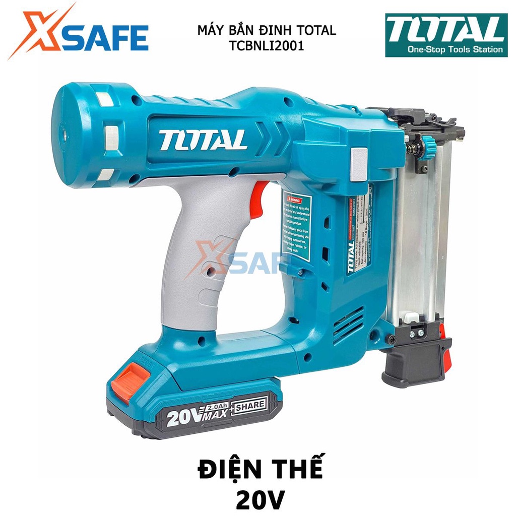 Máy bắn đinh dùng pin 20V TOTAL TCBNLI2001 Loại đinh F15~F50, tốc độ 2.5 đinh/giây, chứa 100 đinh, kèm 2 pin 2.0Ah 1 sạc