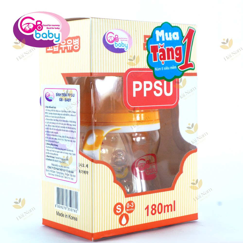 (Tặng kèm núm)Bình sữa PPSU Gb baby- Kichi có quai 180ml- 240ml