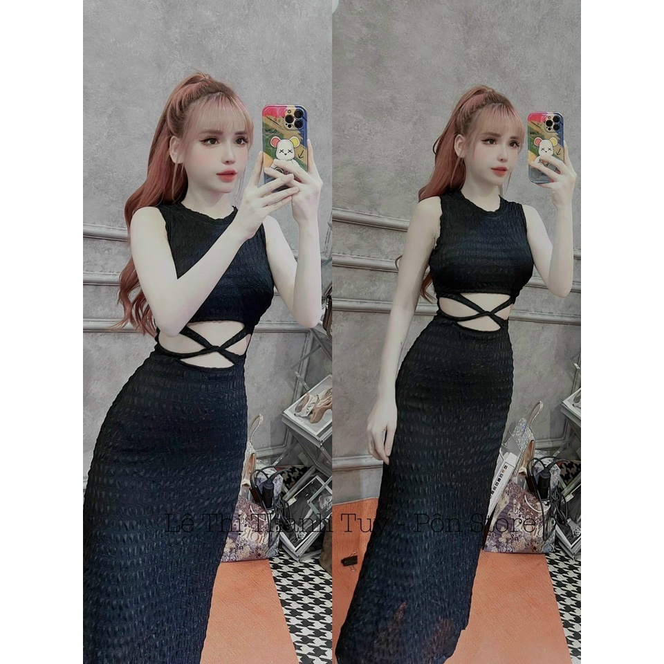 Đầm body dáng dài thun xốp cộ dây eo quyến rũ, đầm thun cổ yếm maxi dài mặc tôn dáng, váy đi tiệc vải thun xốp hở eo