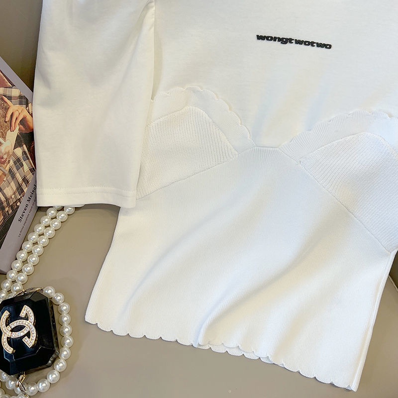 Áo Thun Tay Phồng Dáng Ôm Dệt Kim Co Giãn In Chữ Thời Trang Phong Cách Hàn Quốc
