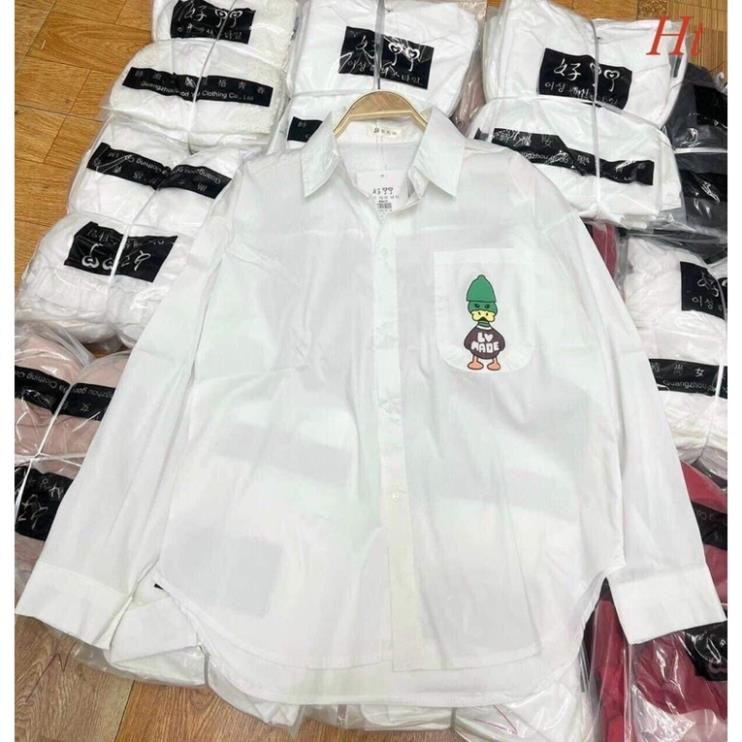 Áo sơ mi trắng dài tay vịt mũ xanh Ht