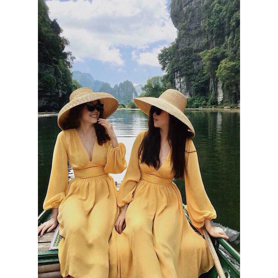 Đầm maxi tay dài sang trọng, 2 màu vàng trắng