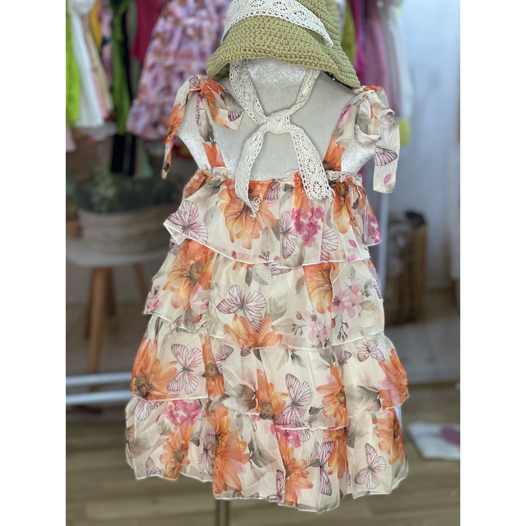 Váy voan bé gái, đầm bé gái 2 dây thắt nơ xòe tầng mặc đi biển đi chơi siêu dễ thương A2