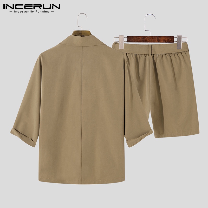Bộ quần áo INCERUN gồm blazer tay 3/4 + quần short co giãn thời trang Hàn Quốc cho nam
