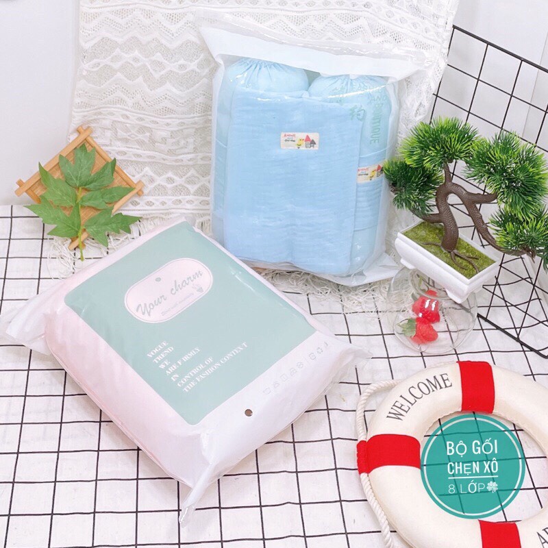 Bộ chặn kèm gối Muslin 8 lớp họa tiết thêu