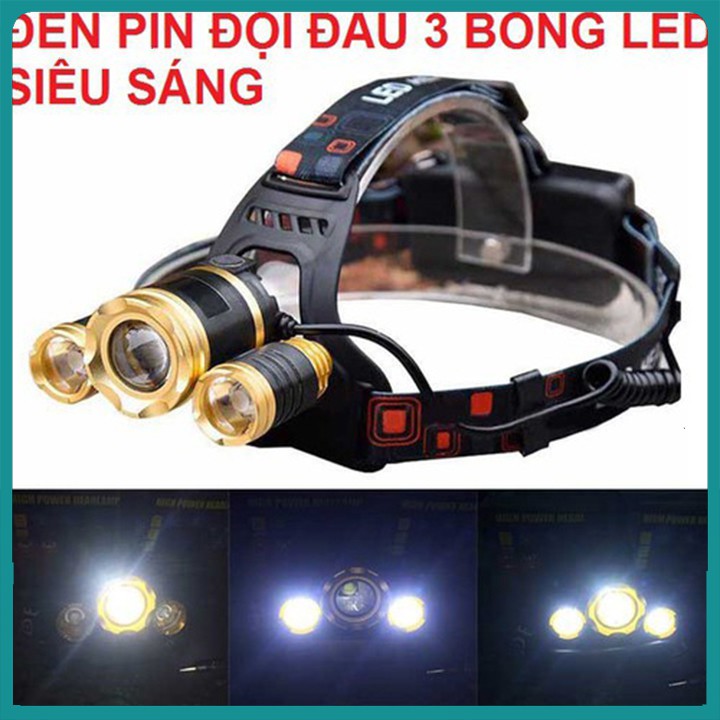 Đèn Pin Đội Đầu 3 Bóng Led T6- Siêu Sáng, Kèm 2 Pin, Kèm Sạc