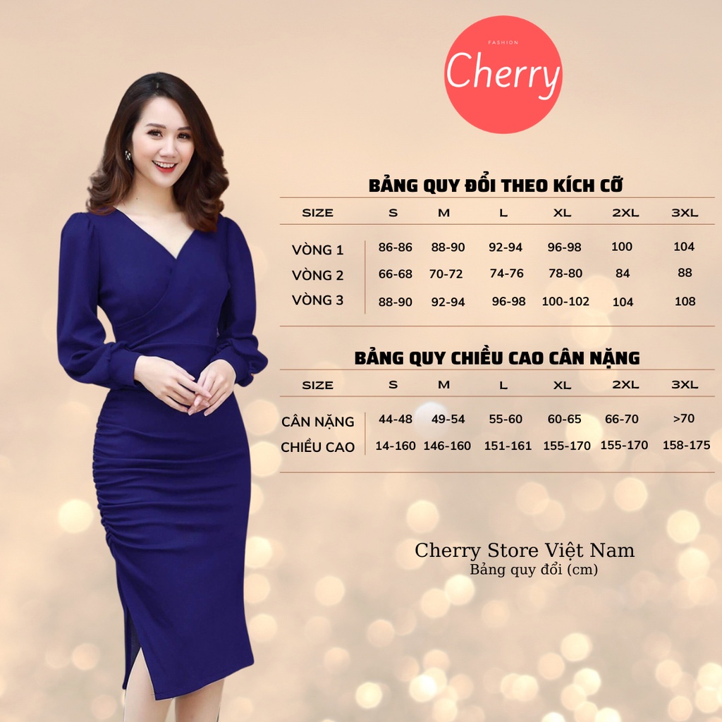 Váy body nhúm dáng ôm tay dài cổ tim CHERRY đầm body công sở sang trọng  A1182