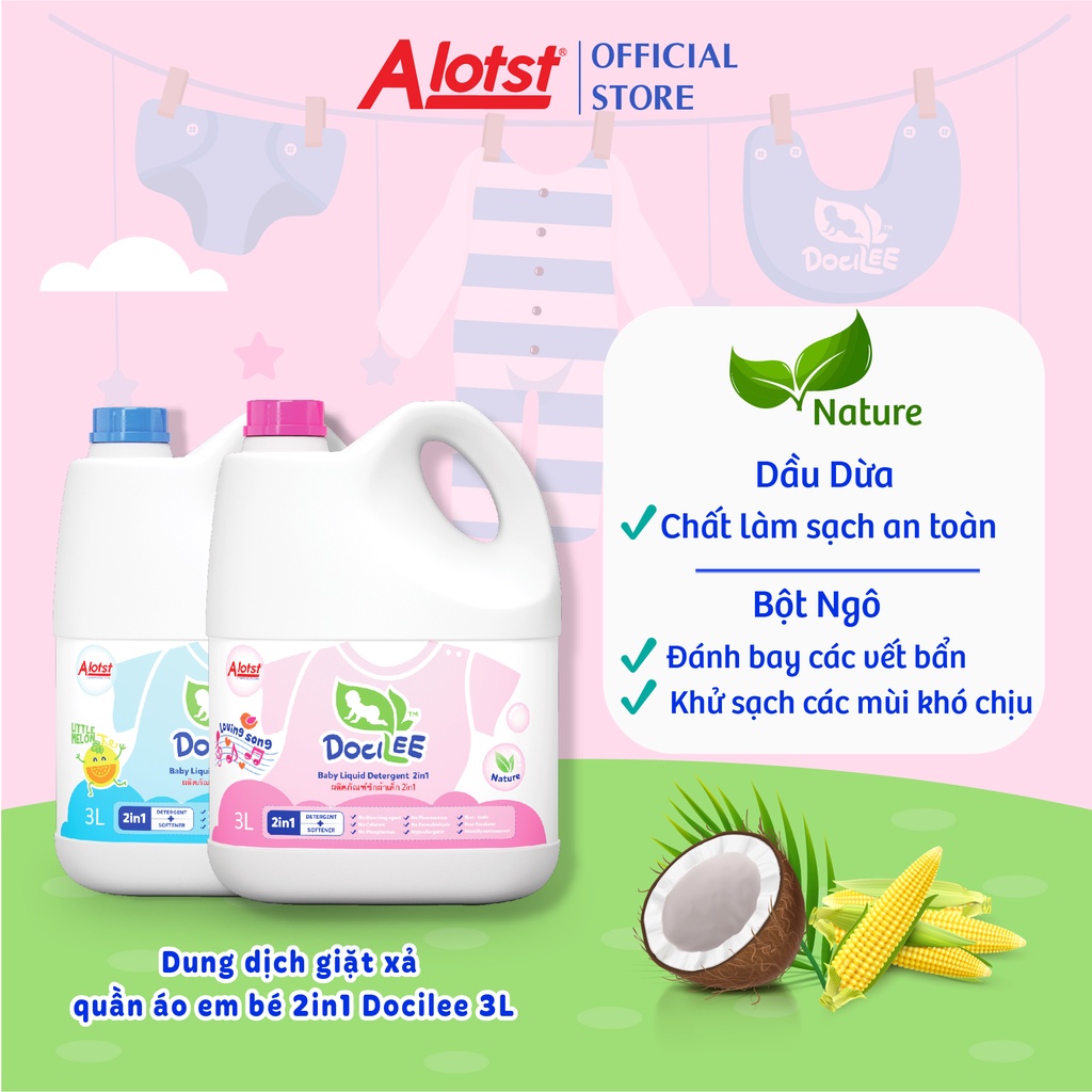 Nước giặt xả quần áo em bé Docilee 2in1 - 3 Lít