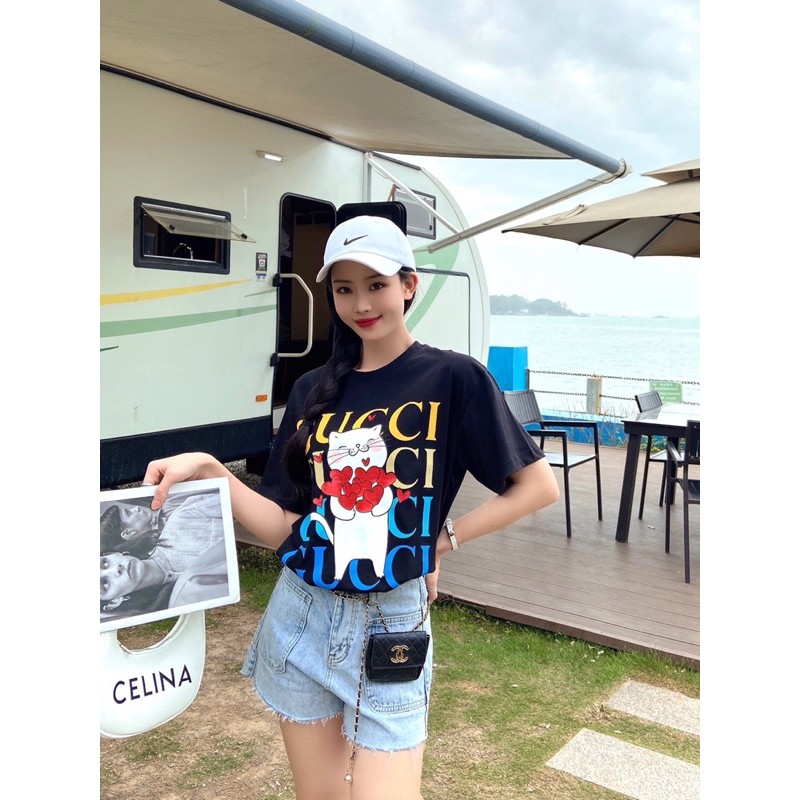 Áo phông nam nữ Gucci GC hàng cao cấp in hình mèo trépg logo thương hiệu siêu đẹp