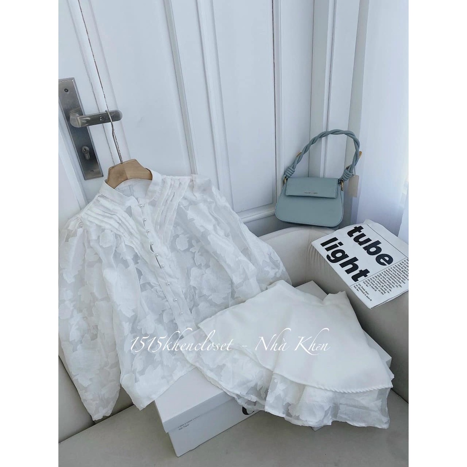 Set áo voan hoa xếp quần váy