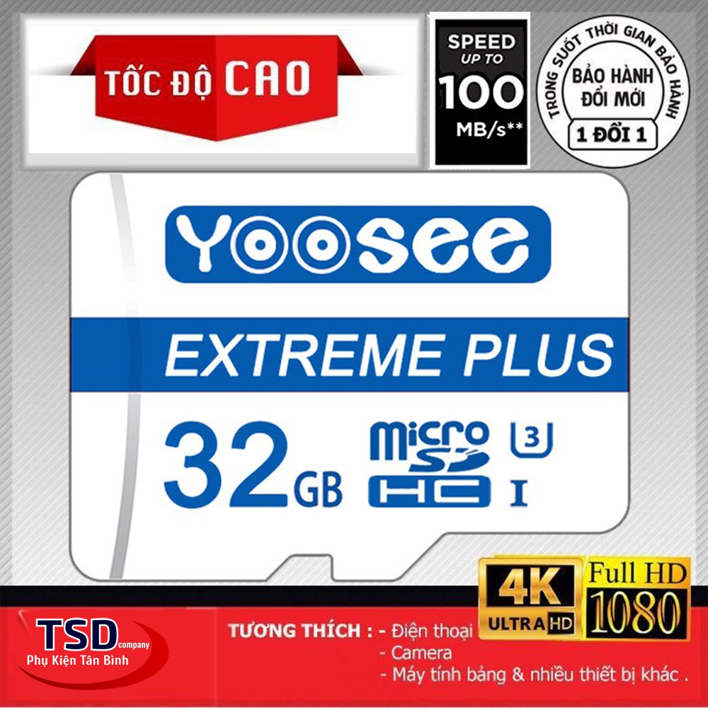 Thẻ Nhớ Microsdxc 32GB YOOSEE Extreme Plus UHS-I U3 4K R90MB/S W40MB/S Chính Hãng