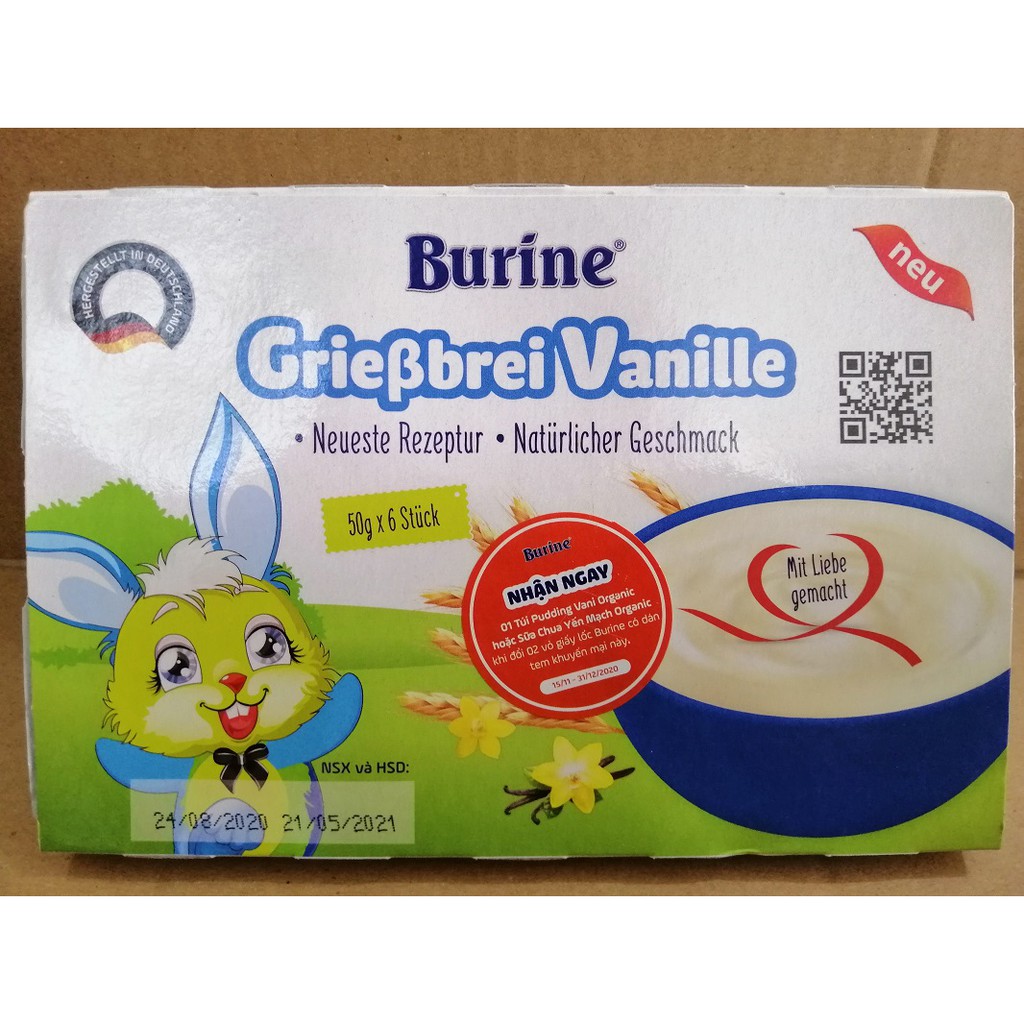 [DATE 8-9/2022] Cháo Sữa Burine Đủ Vị Pudding, Bích Quy, Vani Lốc 6 Hộp x 50g