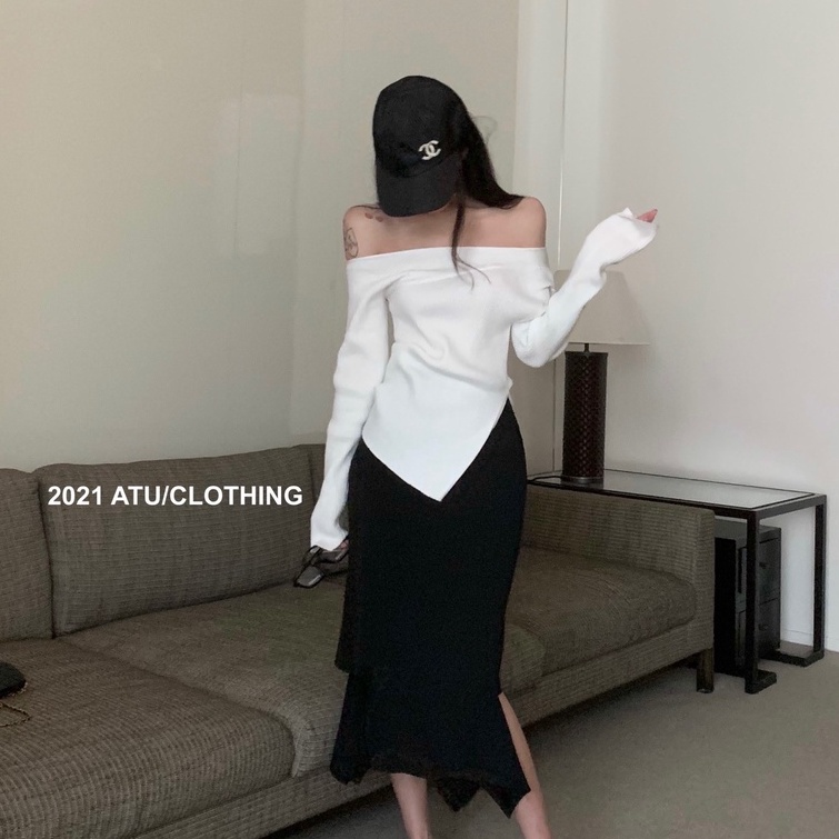 áo dệt kim trễ vai dài tay + chân váy ôm màu đen thời trang