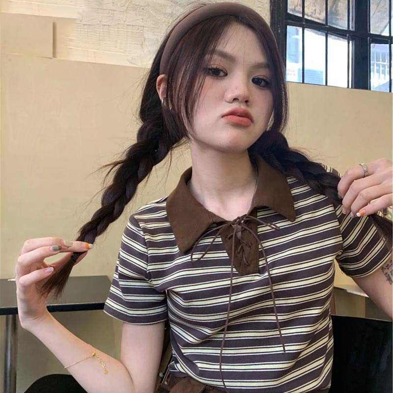 Áo thun polo XINLANYASHE tay ngắn họa tiết kẻ sọc ngang trẻ trung thời trang dành cho nữ