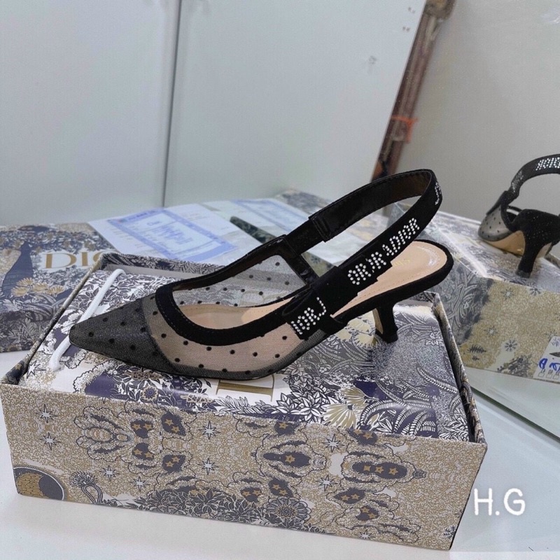 Giày cao gót D i o r chấm bi lưới đá logo fullbox
