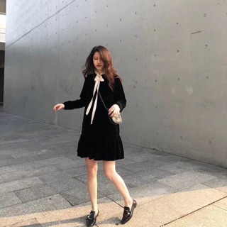 Váy tiểu thư đen cổ nơ baby doll