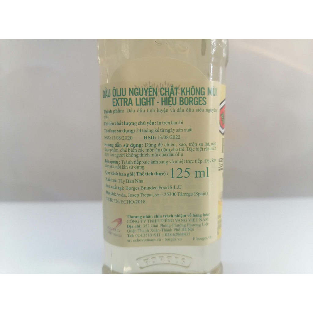 [125ml – Light] Dầu ô liu nguyên chất không mùi [Spain] BORGES Extra Light Olive Oil (halal) (alc-hk)