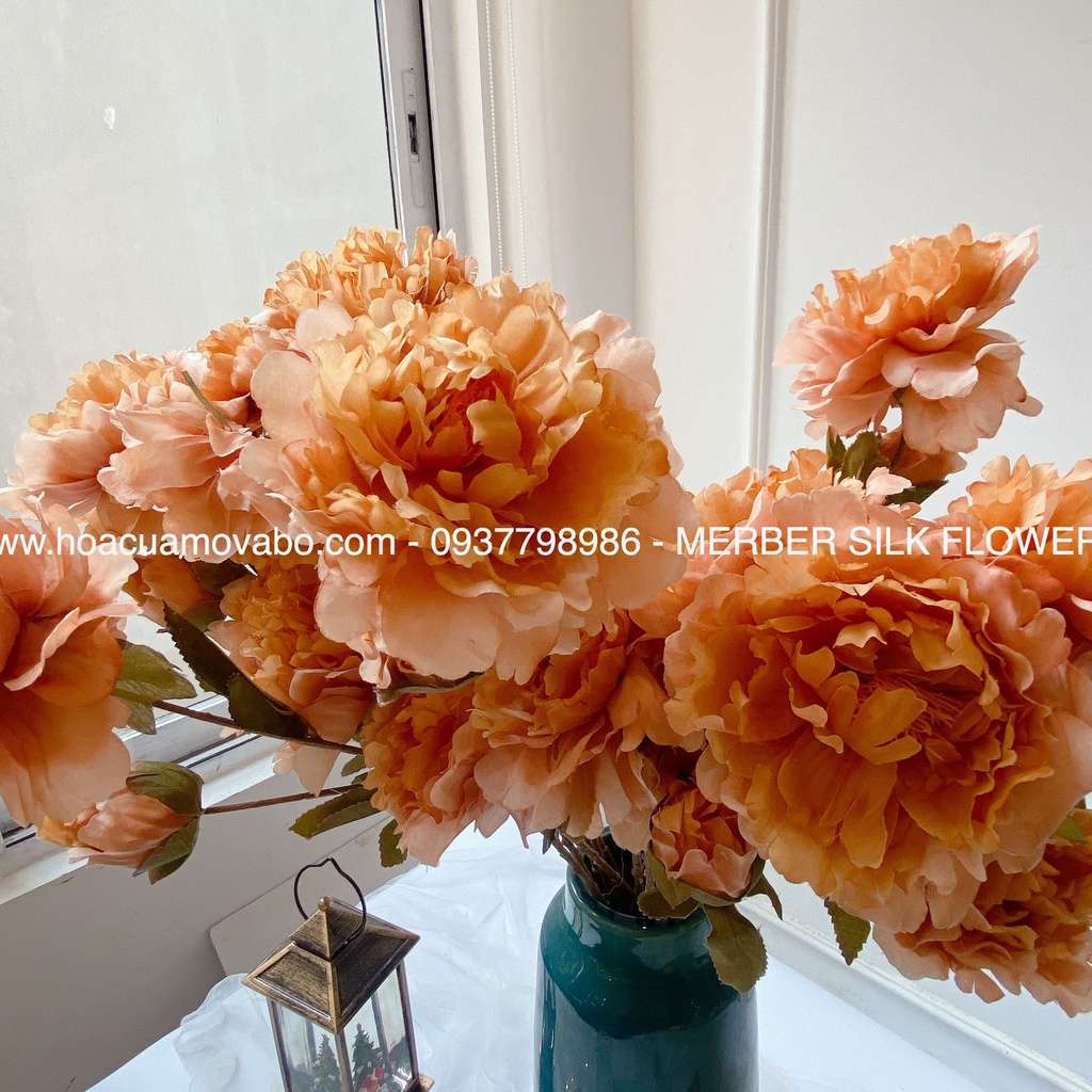 Cành 2 Bông Hoa Mẫu Đơn Peony Hàn Quốc Lụa Cao Cấp Merber (Mơ &amp; Bơ) Nhiều Màu Bông 70cm Có Nụ - Hoa Khô Decor Trang Trí