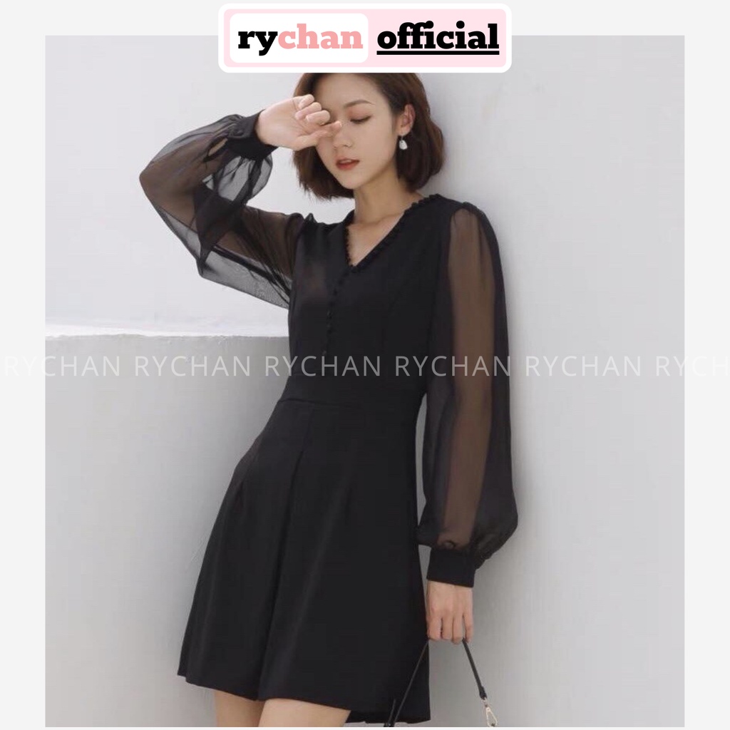 DX880 - Đầm Xòe Cổ Tim Nút Bọc Phối Lưới Tay Phồng Đen Sang Trọng Đầm Xòe Dự Tiệc Đám Cưới
