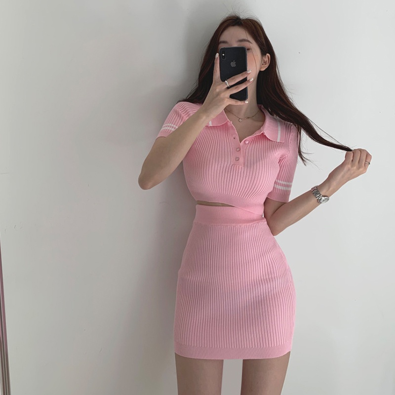 SUXI Bộ Áo Dệt Kim Kẻ Sọc + Chân Váy Lưng Cao Thời Trang Mùa Hè Cho Nữ